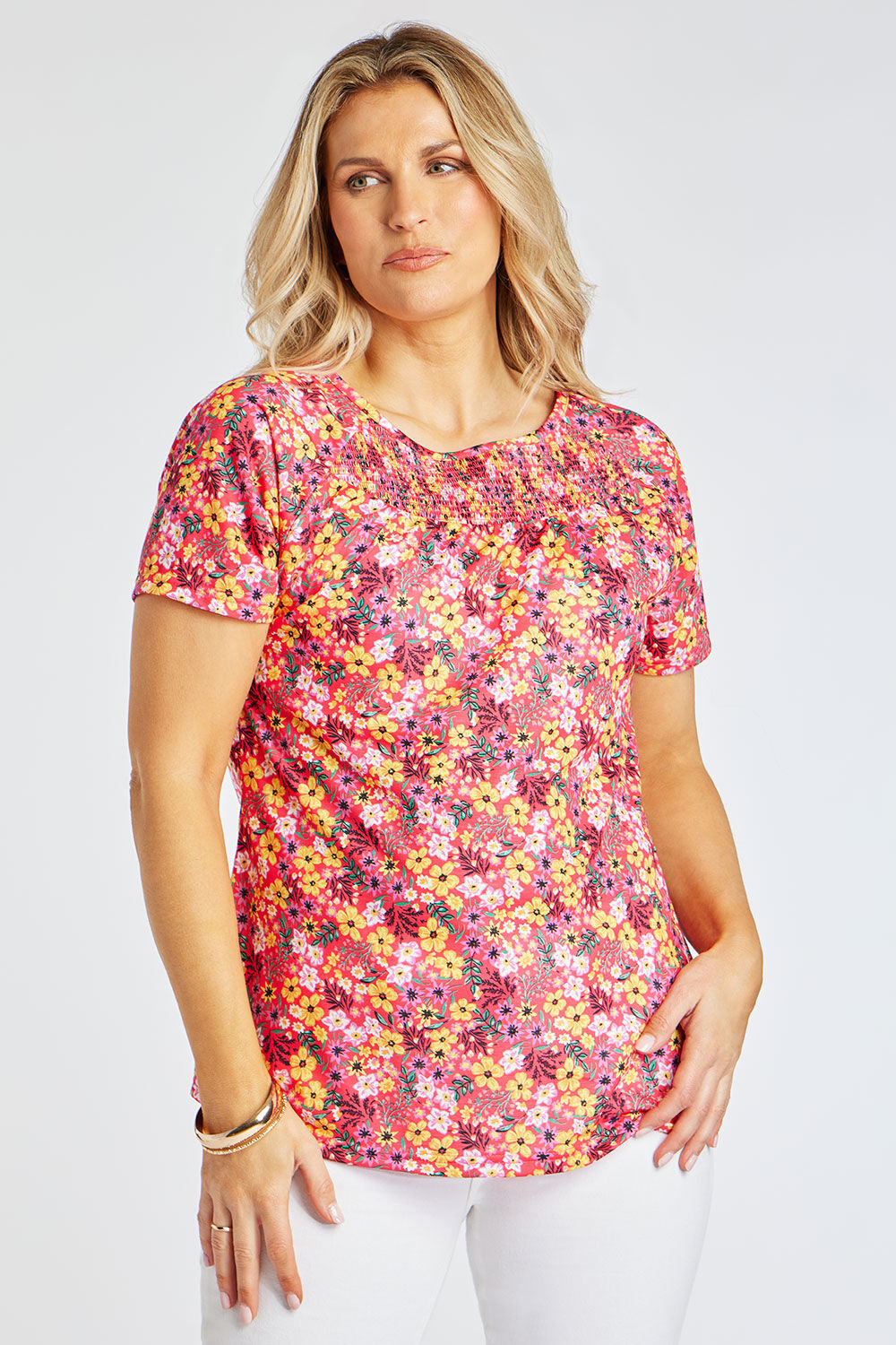 Bonmarche Short Sleeve Ditsy Print T-Shirt With Shirred Neckline, Size: 26
