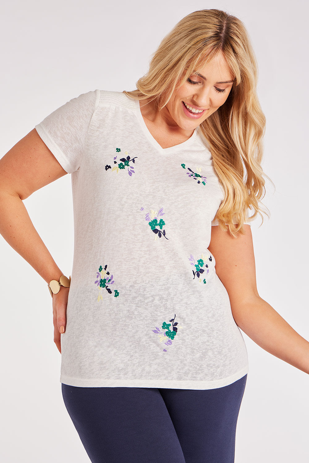 Bonmarche Ivory Short Sleeves Embroidered Flower T-Shirt, Size: 14