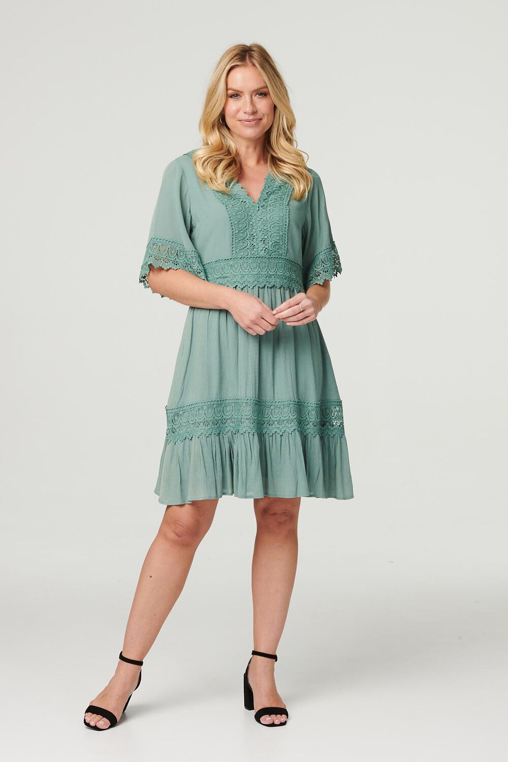 Izabel London Khaki - Lace Detail 1/2 Sleeve Short Dress, Size: 12