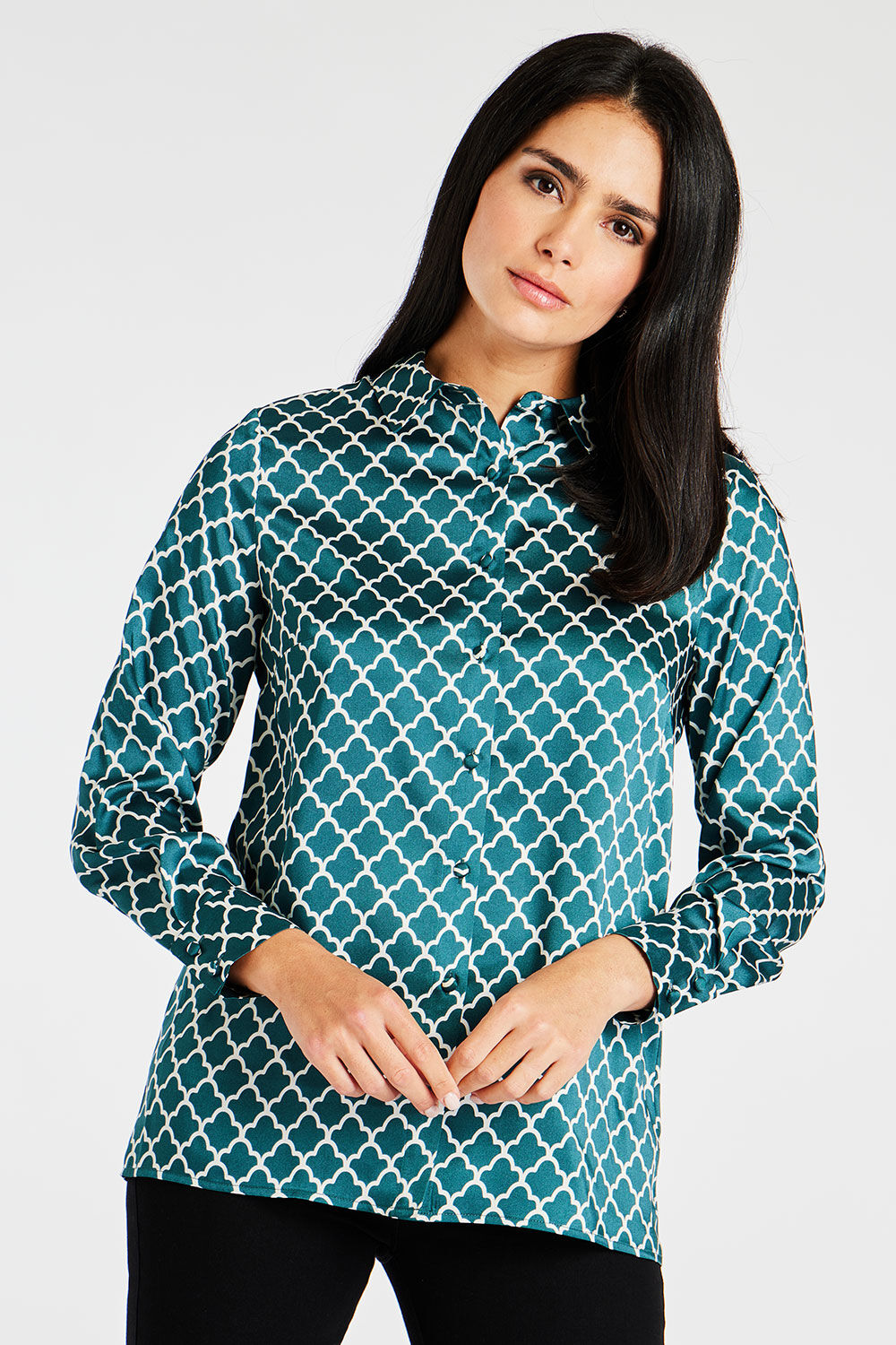 Bonmarche Green Long Sleeve Geo Print Satin Shirt, Size: 16