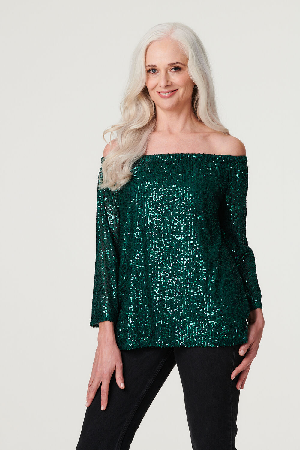 Izabel London Women’s Green Nylon Sequin Bardot 3/4 Sleeve Top, Size: 16