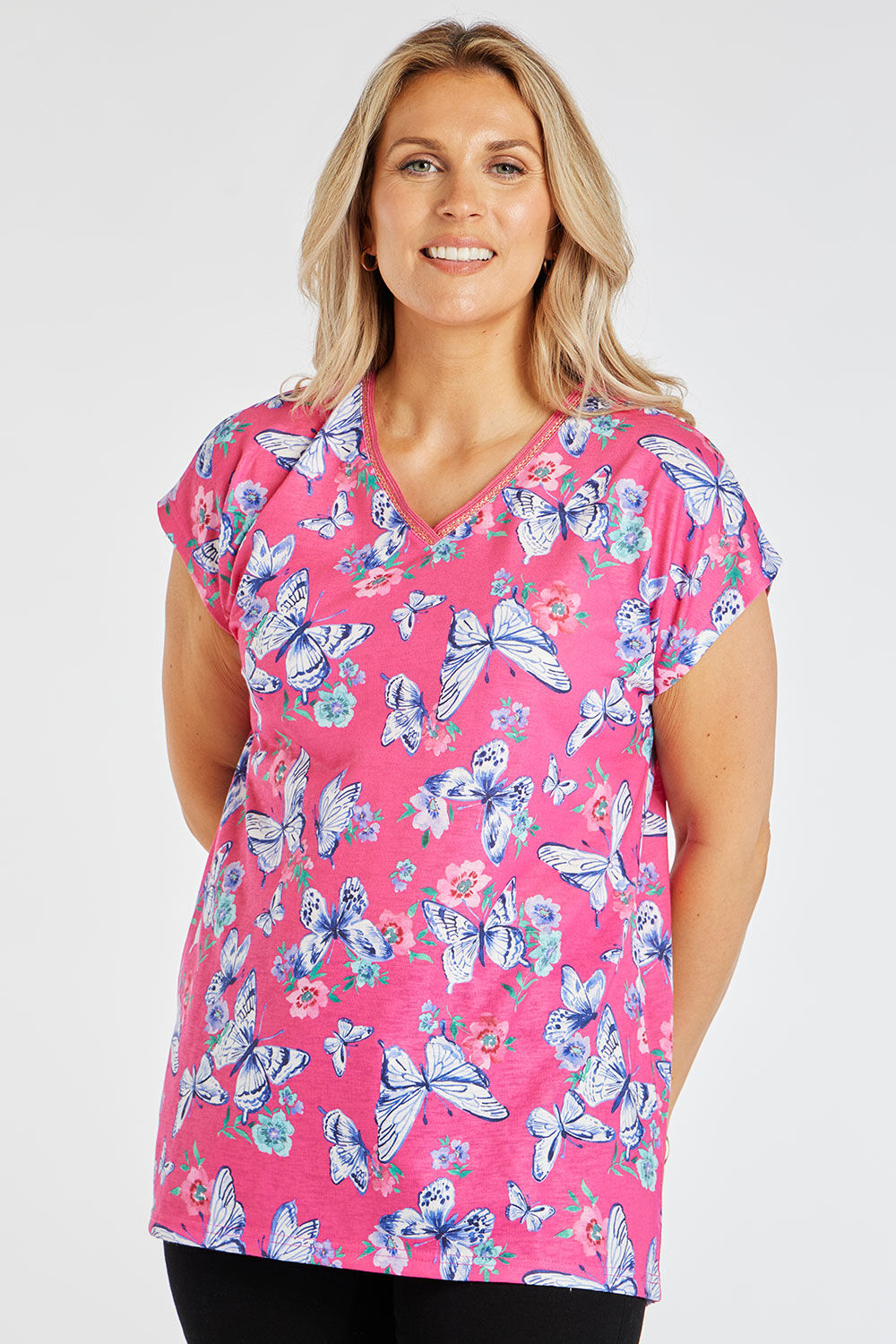 Bonmarche Pink Short Sleeve Sketch Butterfly Print Linen Look T-Shirt, Size: 18