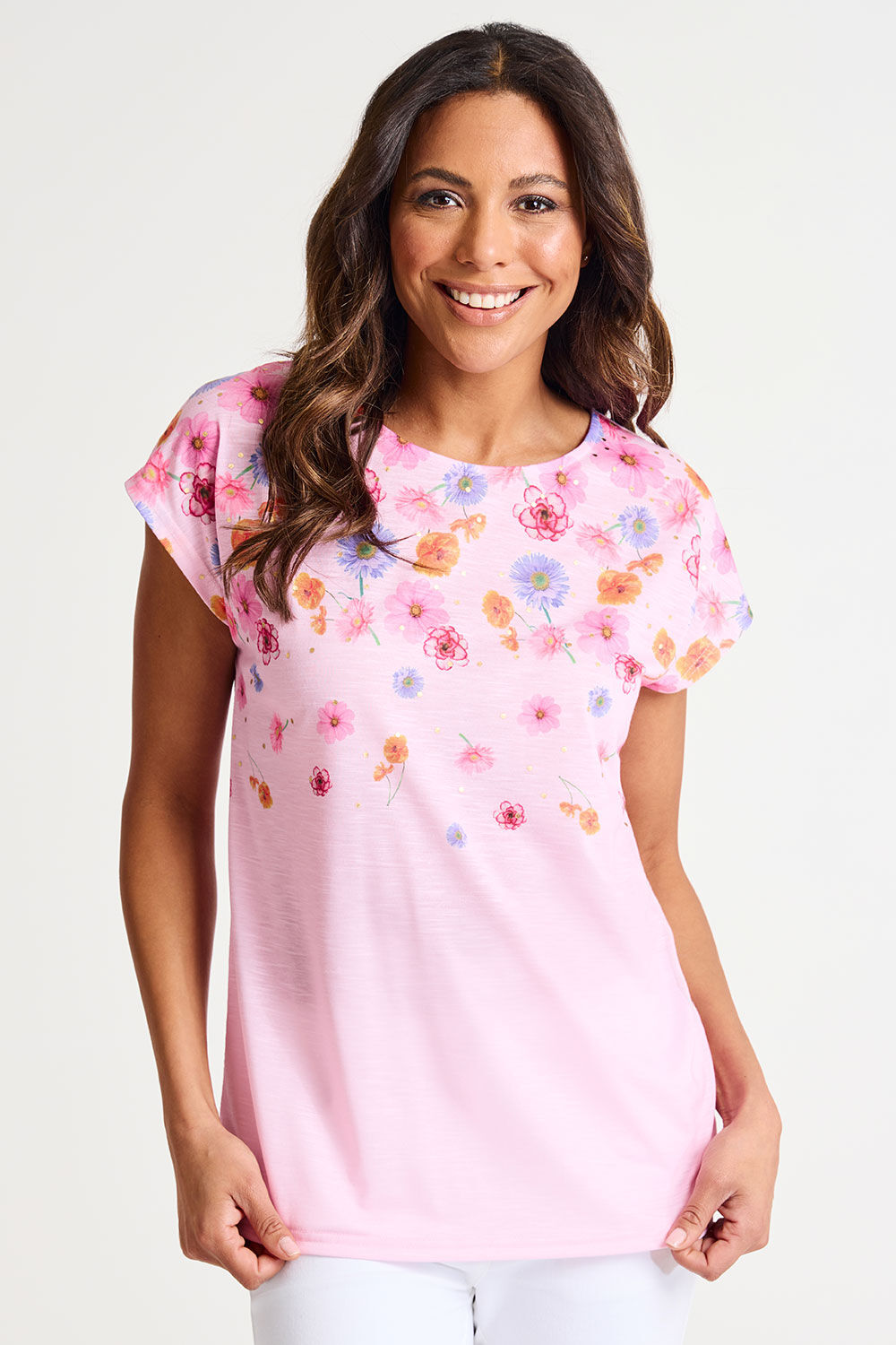 Bonmarche Pink Short Sleeve Trailing Floral T-Shirt With Foil Detail, Size: 28