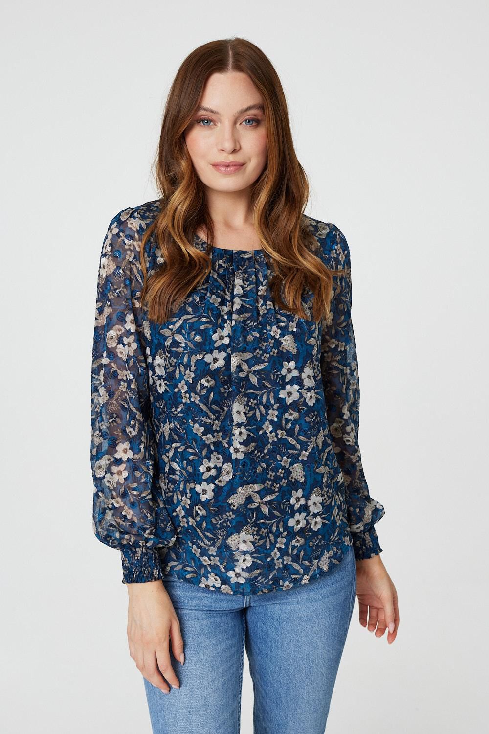 Izabel London Women’s Blue and Grey Floral Print Long Sleeved Blouse Top, Size: 12