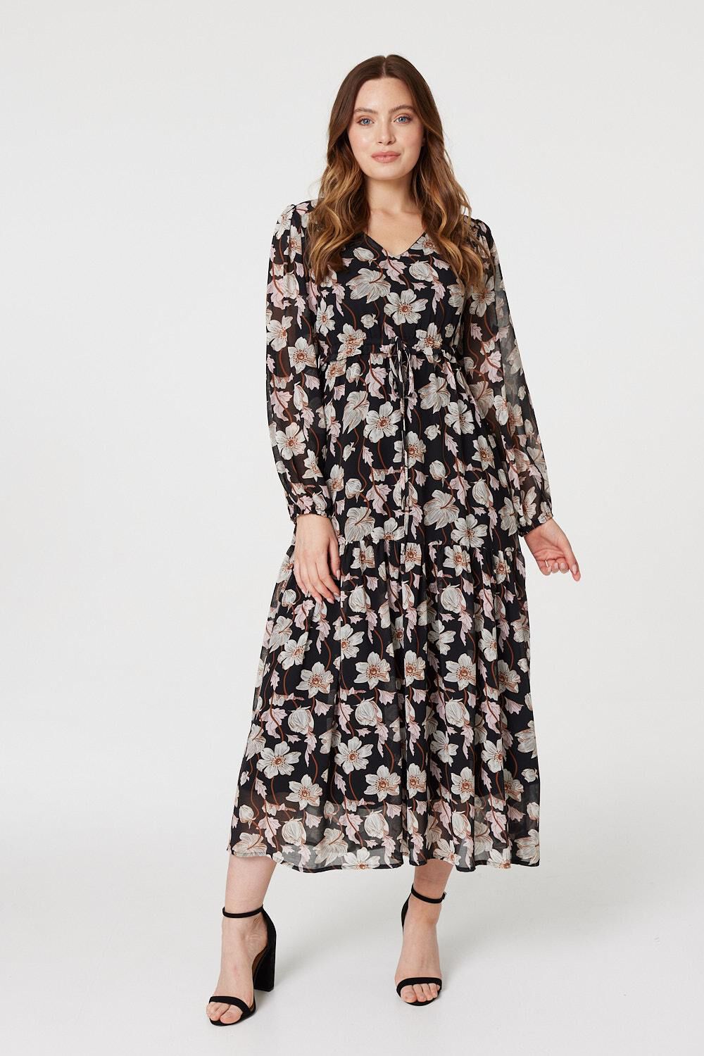 Izabel London Black - Floral Drawstring Waist Midi Dress, Size: 16
