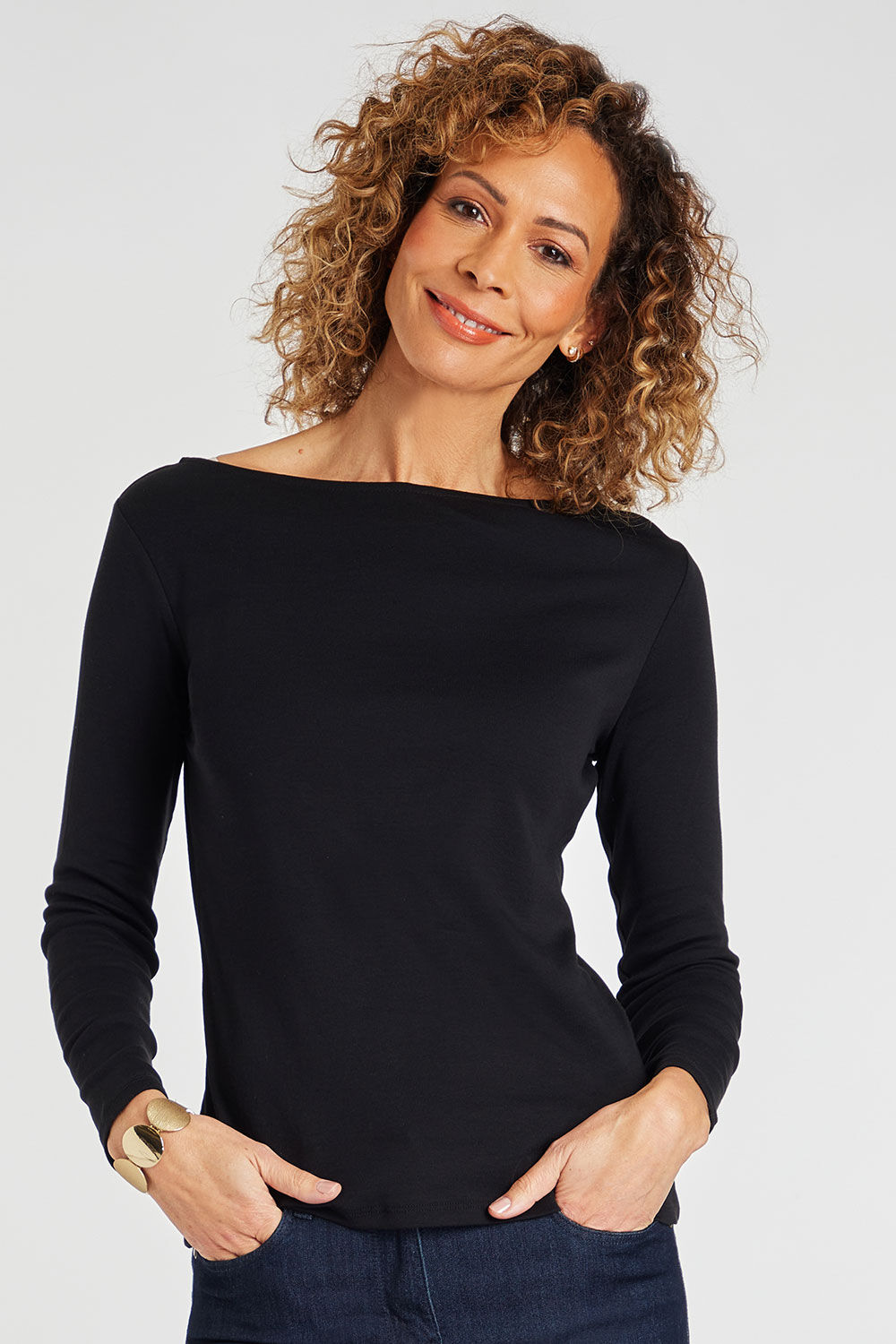 Bonmarche Ladies Black Cotton Casual Long Sleeve Boat Neck Plain T-Shirt, Size: 14
