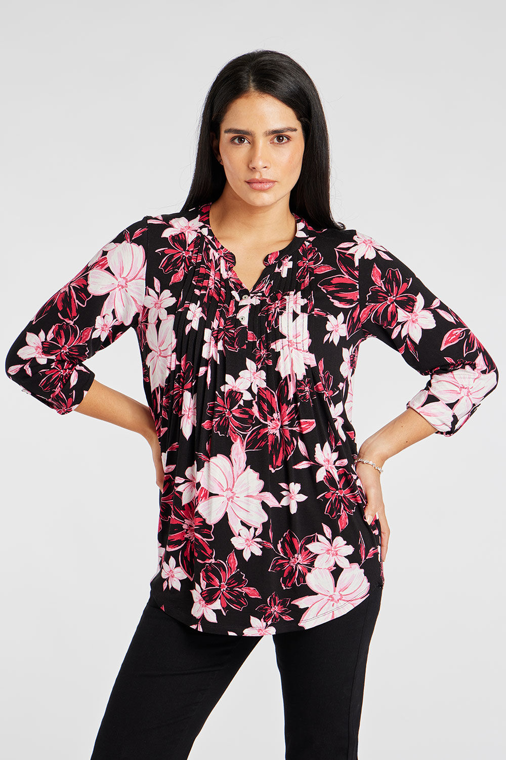 Bonmarche Black 3/4 Sleeve Large Floral Print Overhead Shirt With Pintuck Detail, Size: 10