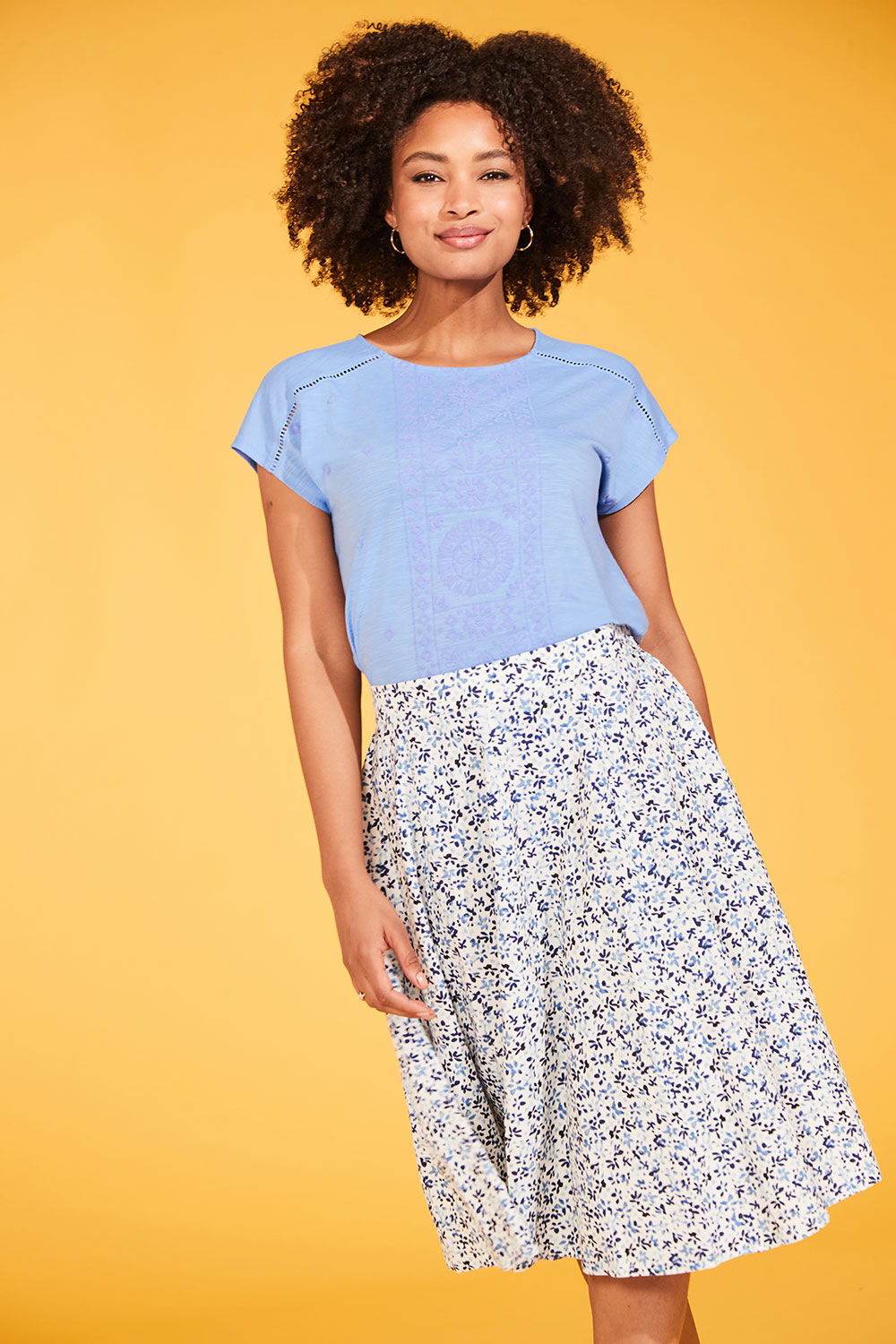 Bonmarche Blue Ditsy Print Linen Flippy Skirt, Size: 22