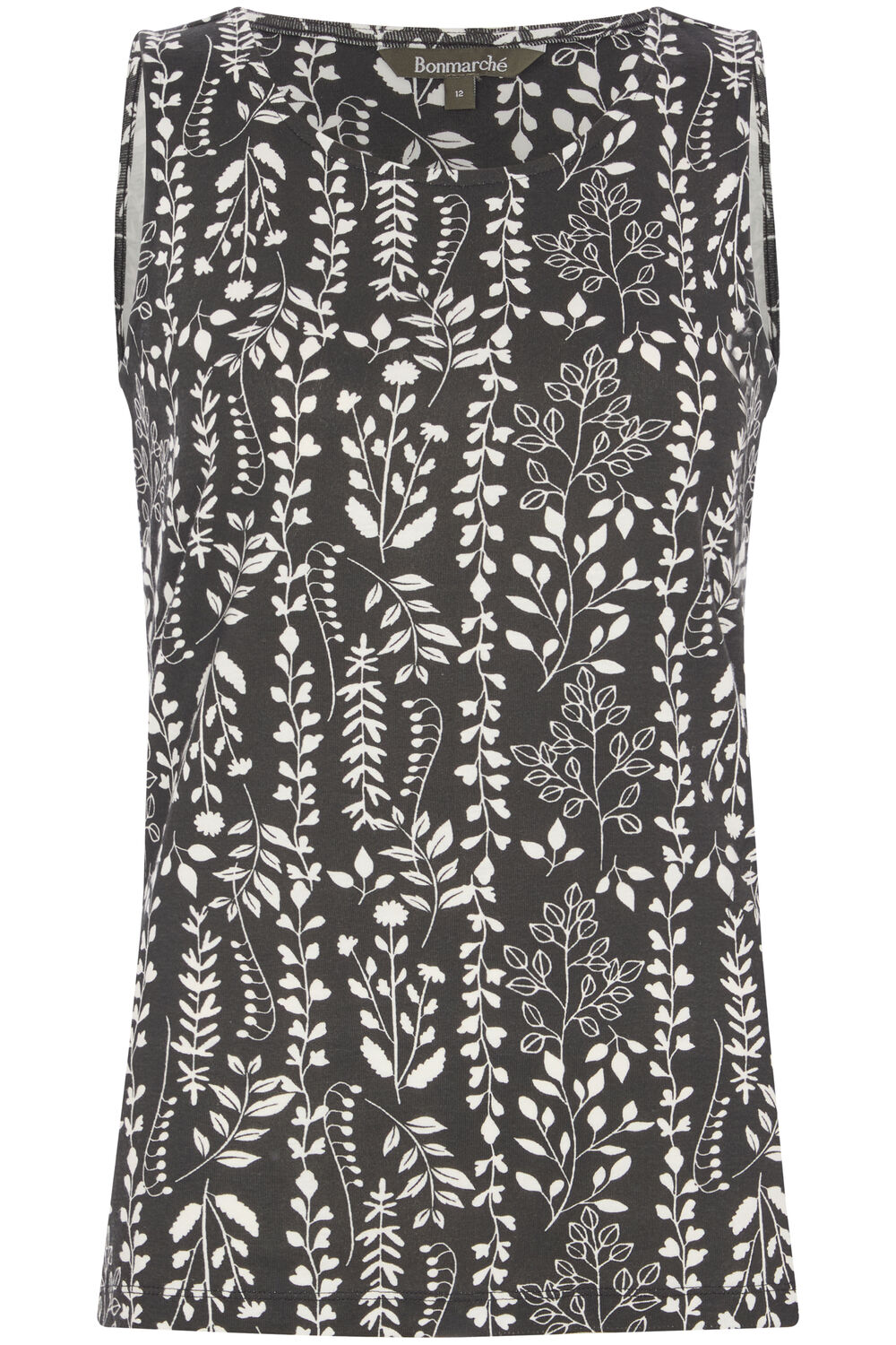 Bonmarche Black Sleeveless Floral Stem Print Scoop Neck Vest, Size: 12