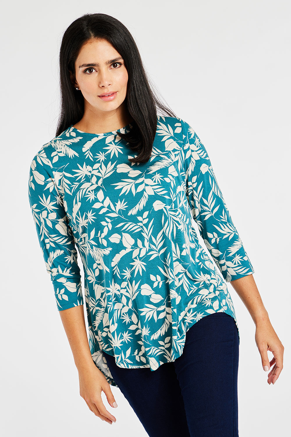 Bonmarche Green 3/4 Sleeve Silhouette Floral Print Tunic With Pleated Back, Size: 10