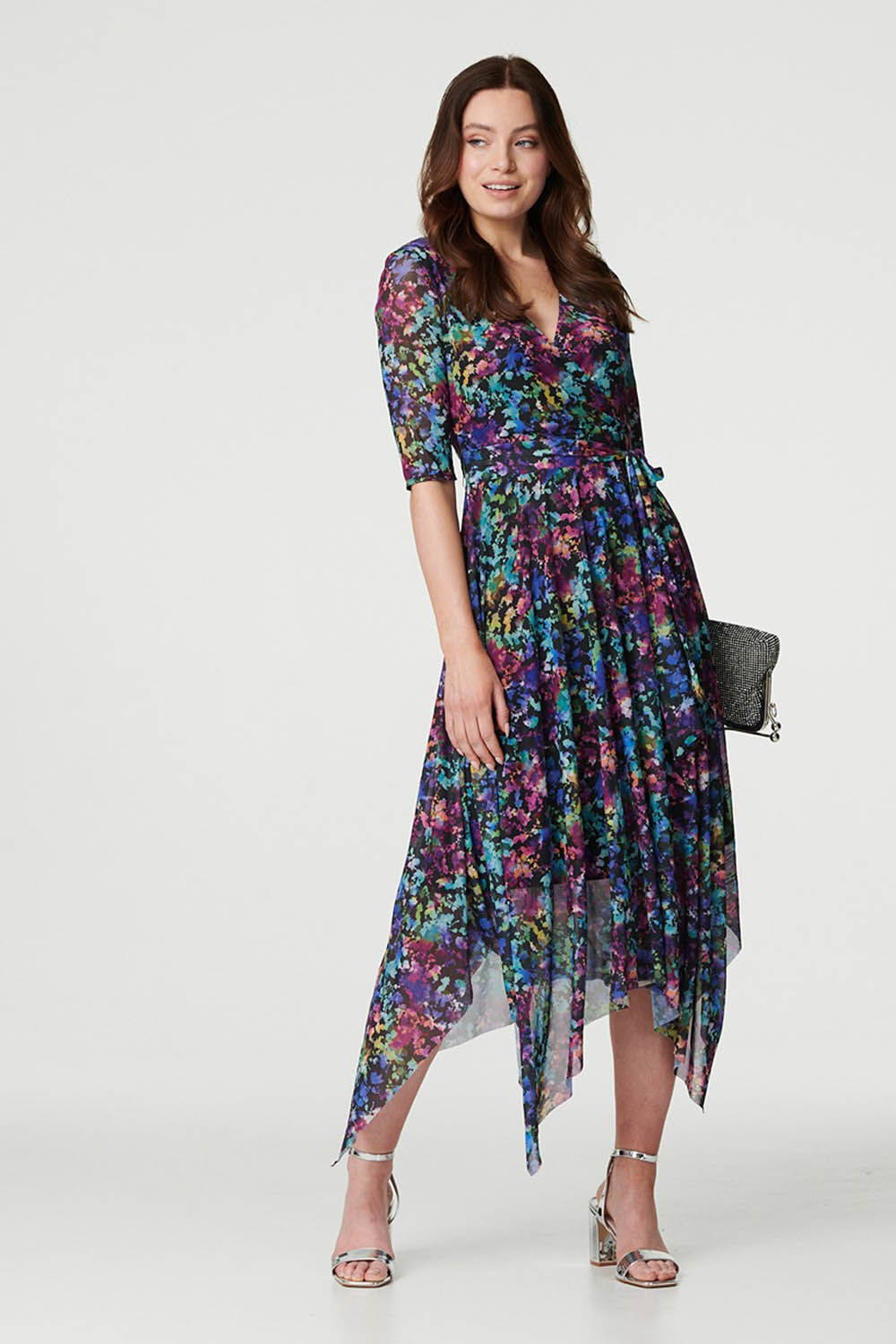 Izabel London Black - Printed Hanky Hem Semi Sheer Midi Dress, Size: 18