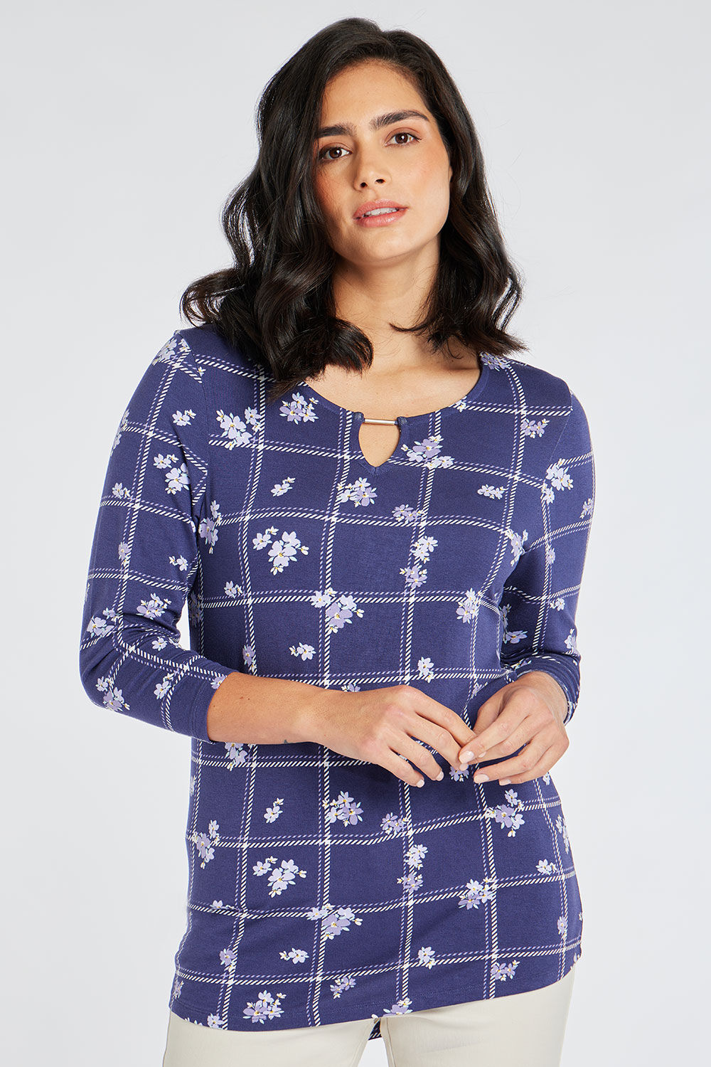 Bonmarche Navy 3/4 Sleeve Floral Check Print Tunic With Keyhole Detail, Size: 14
