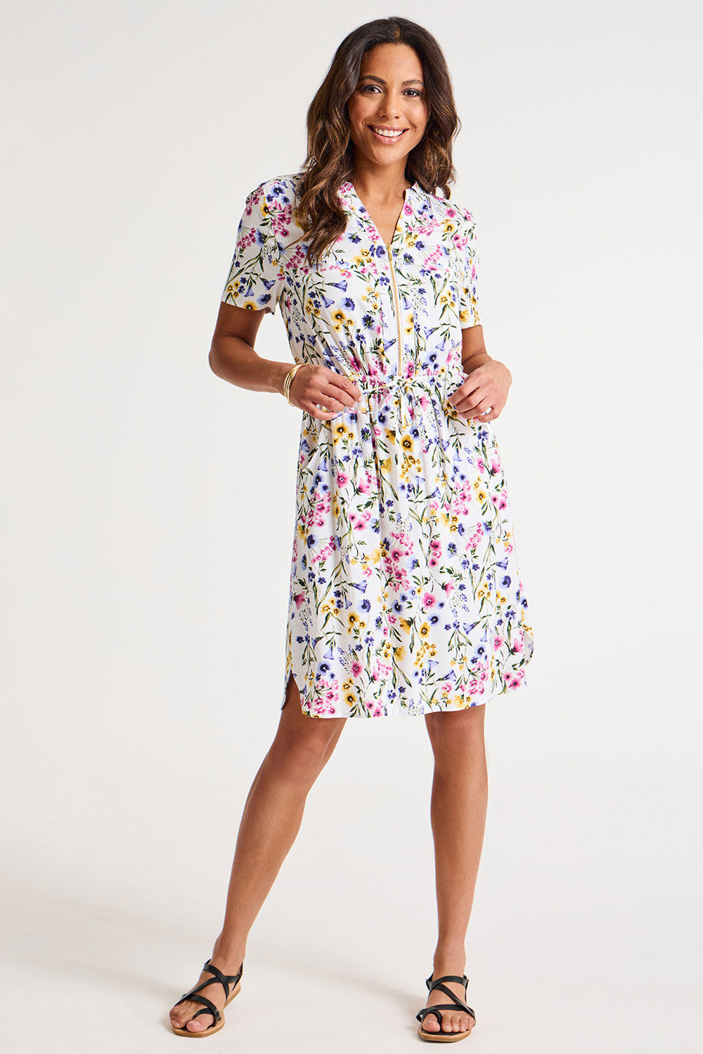Bonmarche Ivory Short Sleeve Floral Print Zip Front Dress, Size: 12