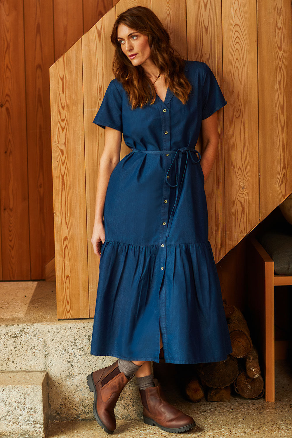 Autonomy Women’s Blue Cotton Denim Shirt Dress with Collar Neckline, Size: M