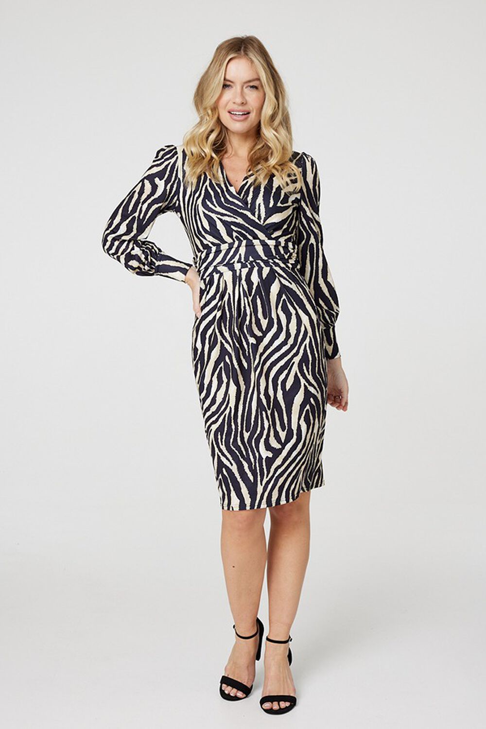 Izabel London Green - Zebra Print Long Sleeve Wrap Dress, Size: 16