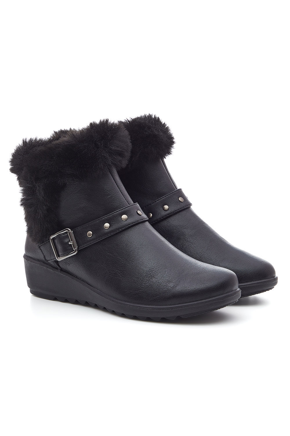 Cushion Walk Black - Buckle and Strap Boots With Fur Trim, Size: 4