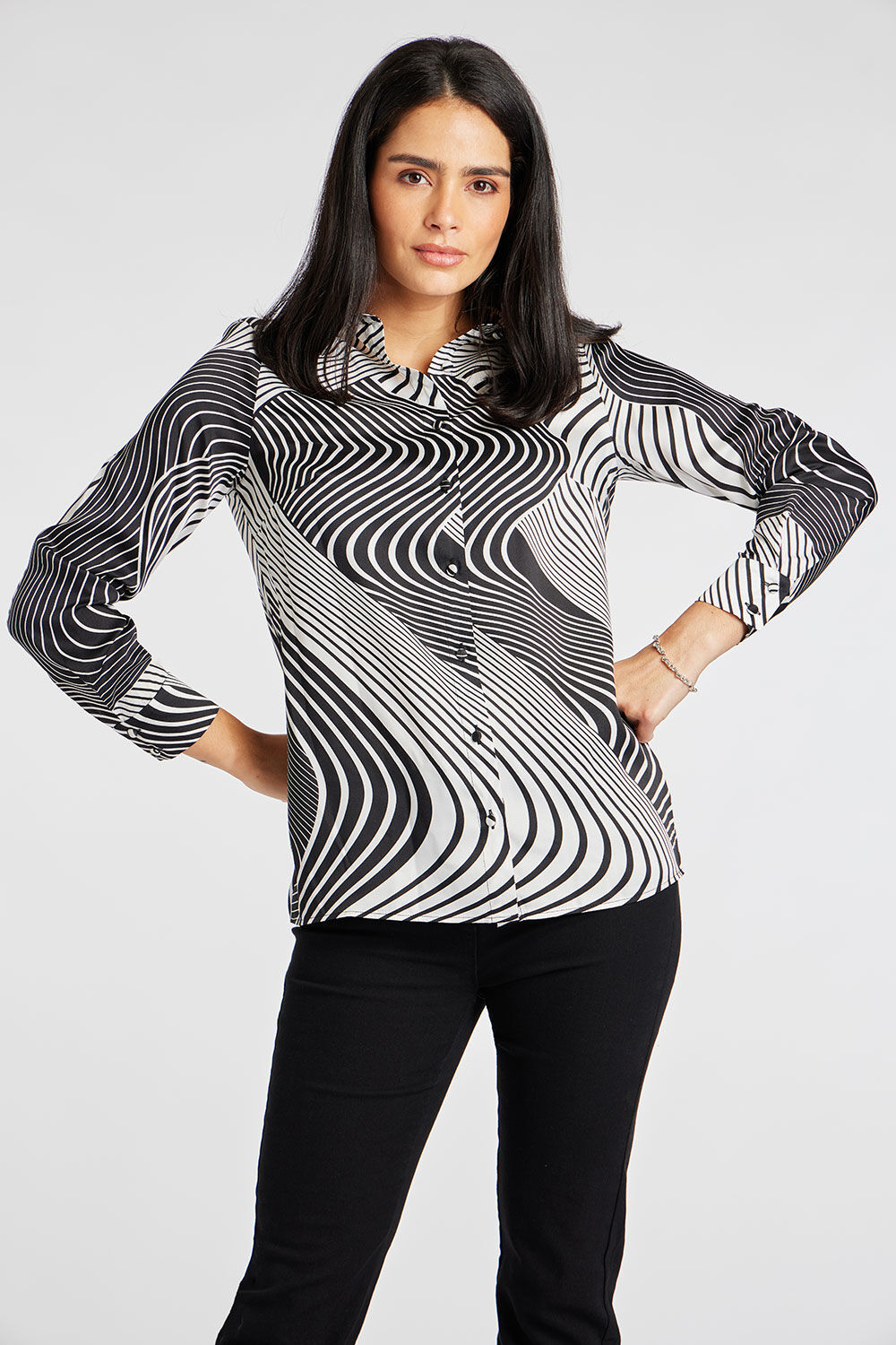 Bonmarche Black Long Sleeve Swirl Print Satin Shirt, Size: 10