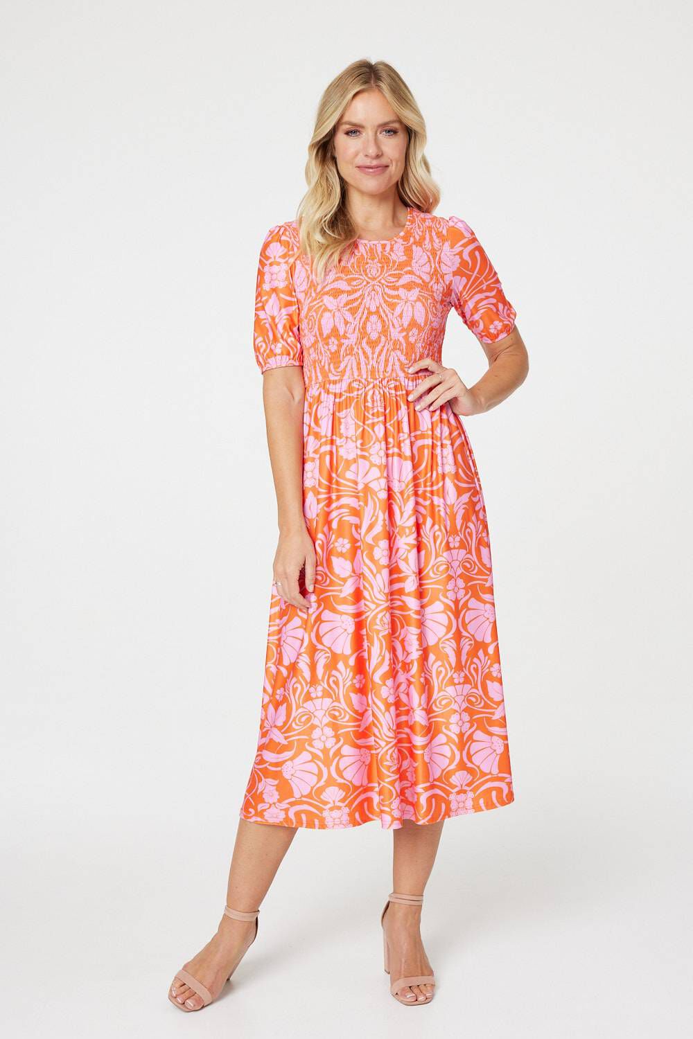 Izabel London Orange - Floral Smocked Detail Midi Dress, Size: XL