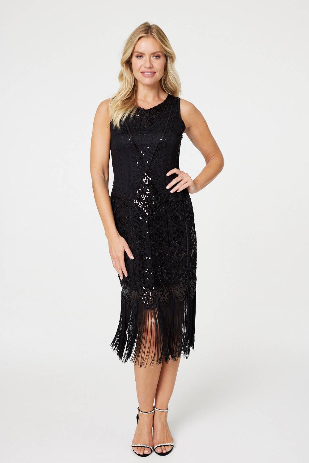 Izabel London Women’s Black Sequin Fringed Hem Midi Shift Dress, Size: 12