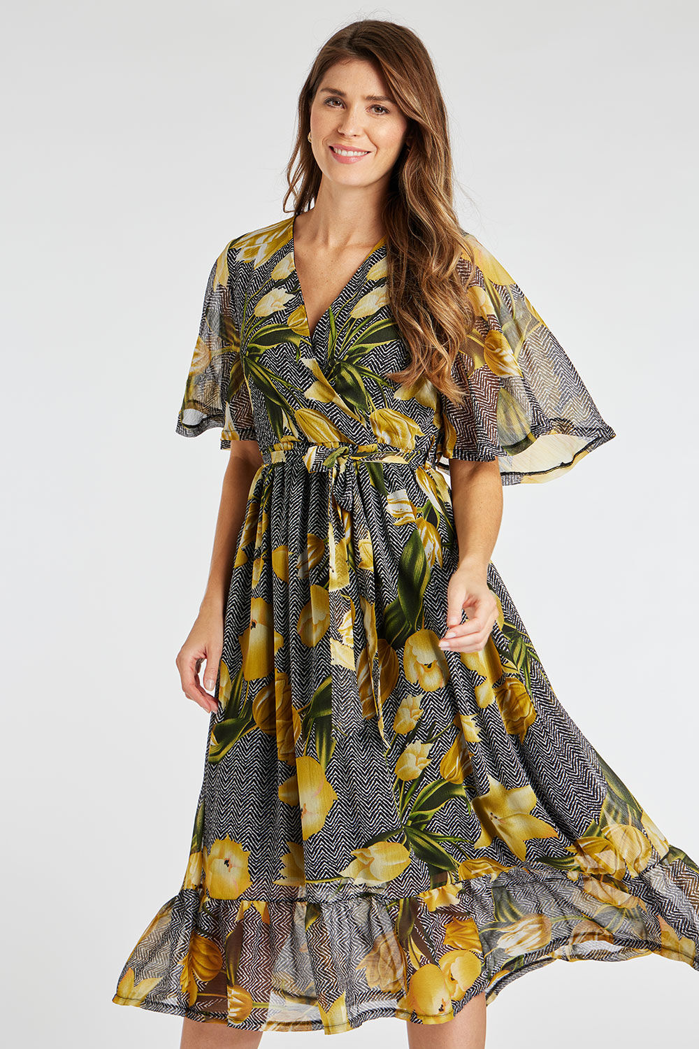 Bonmarche Mustard Floral Print Tie Waist Dress, Size: 16