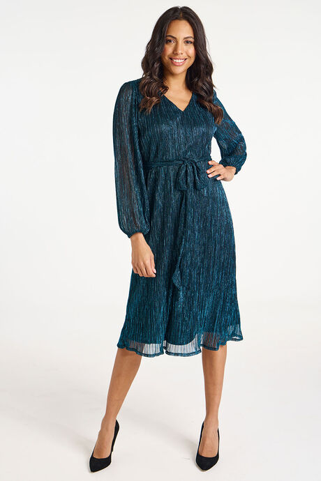Foil Plisse Belted Dress