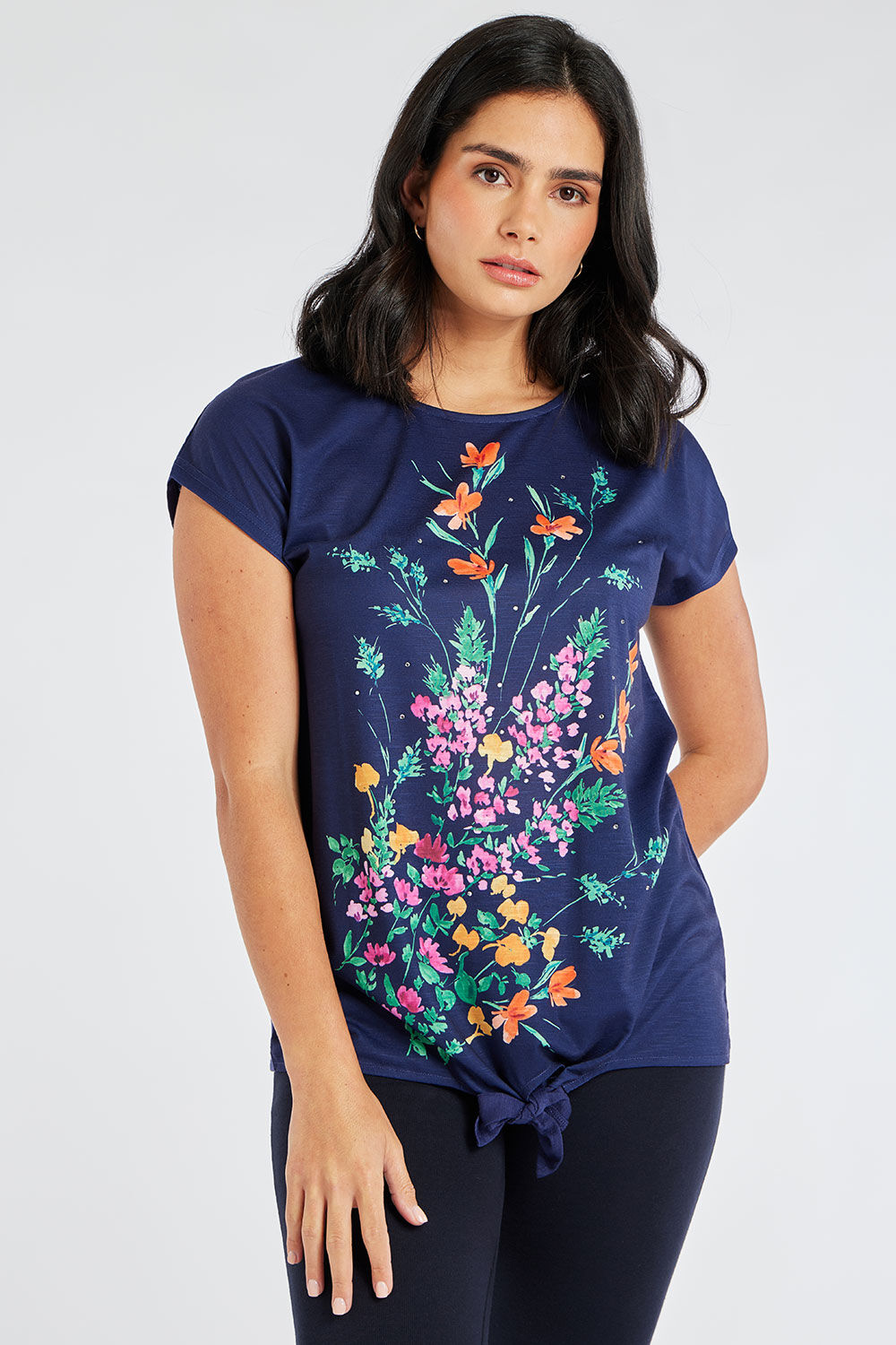Bonmarche Navy Short Sleeve Sprig Floral Print T-Shirt With Tie Front, Size: 14
