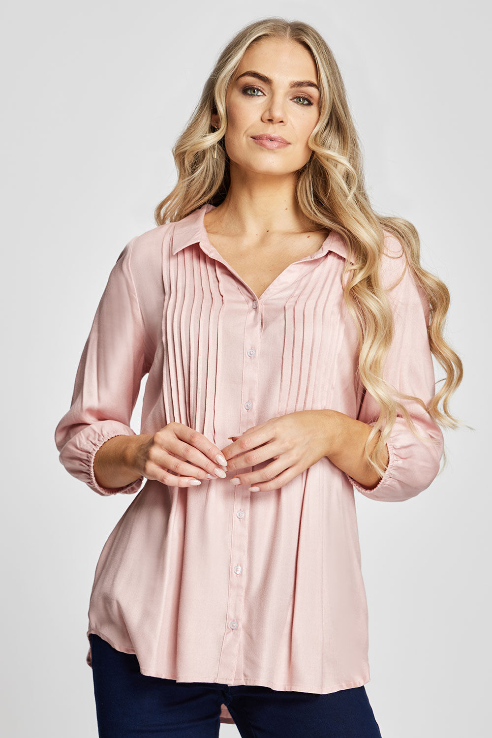 Bonmarche Pink 3/4 Plain Pintuck Button Through Shirt, Size: 10
