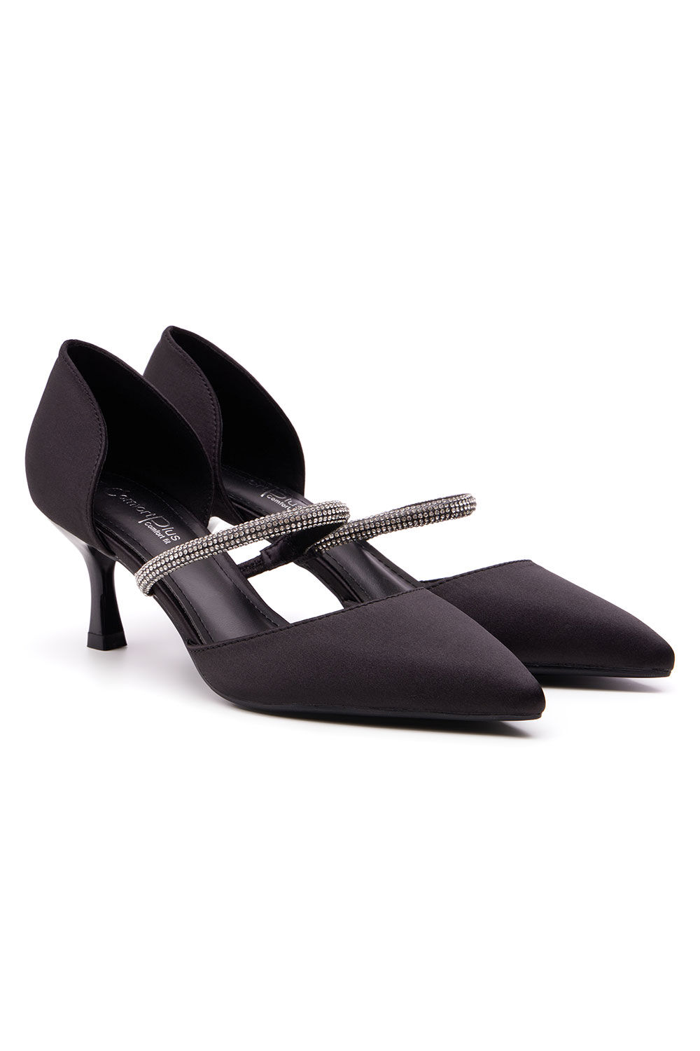 Bonmarche Women’s Black Diamante Detail Fabric Kitten Heels with Band, Size: 3