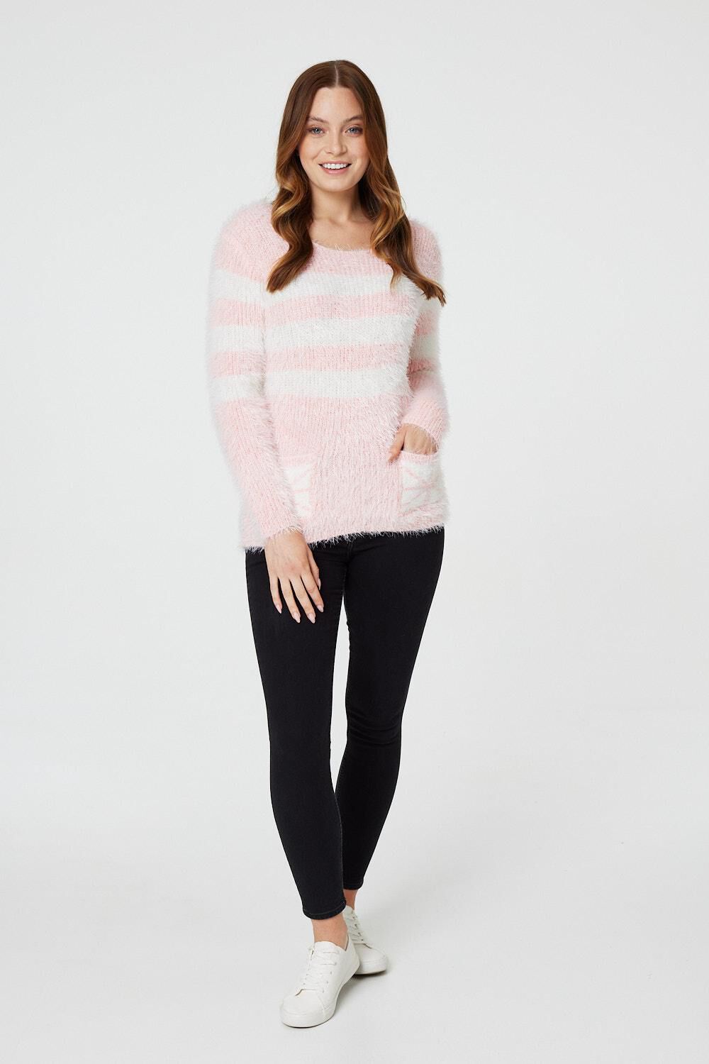 Izabel London Women’s Pale Pink Striped Pocket Front Knitted Jumper, Size: L