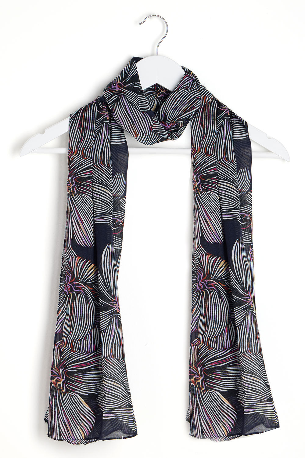 Bonmarche Navy Large Linear Floral Print Lightweight Scarf, Size: One Size