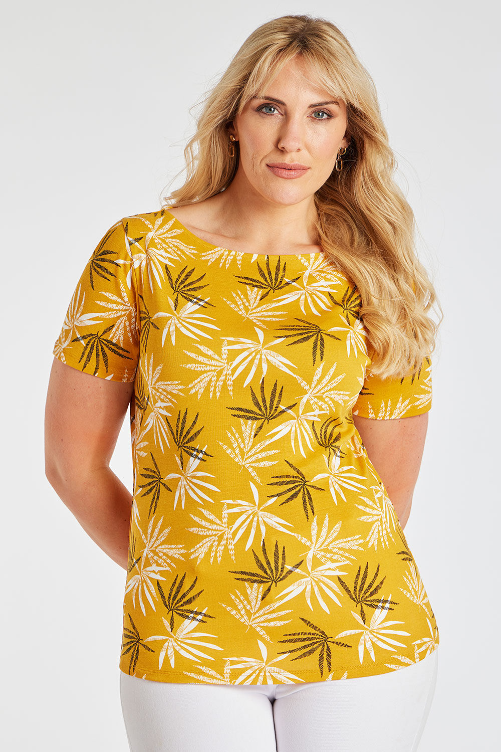 Bonmarche Yellow Short Sleeve Palm Print T-Shirt With Boat Neckline, Size: 18