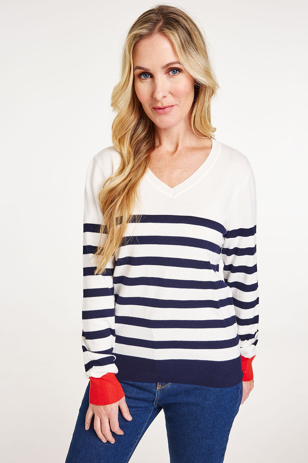 Bonmarche Ivory Long Sleeve Striped Jumper With Cuff Detail, Size: 10