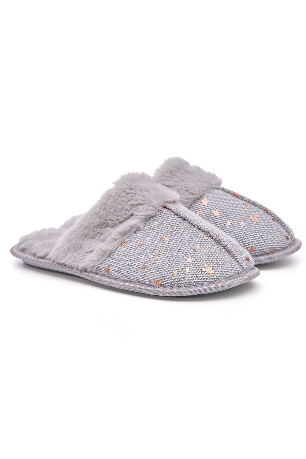 bonmarche grey foil star design slippers with fur trim, size: 3