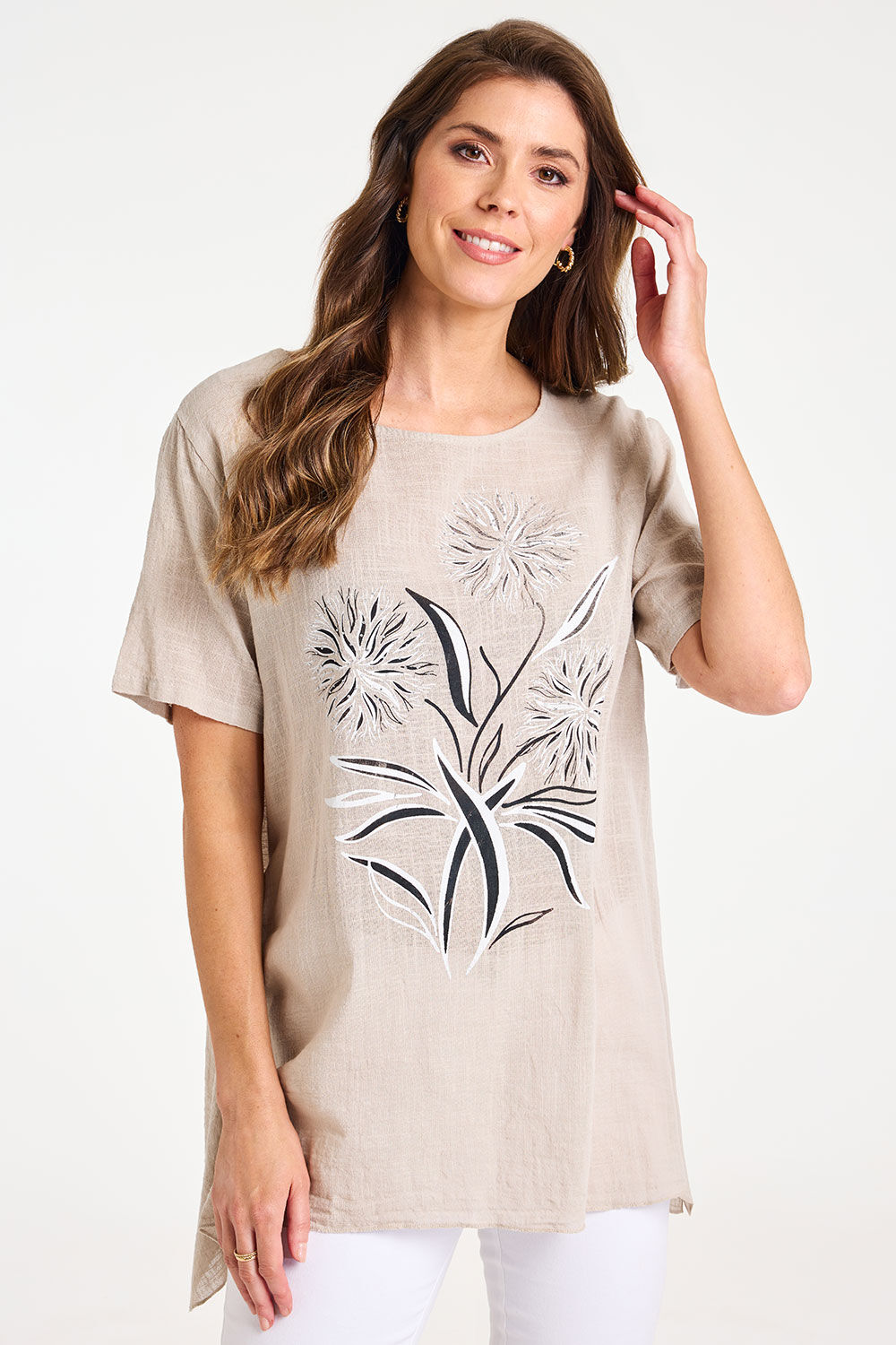 Bonmarche Stone Short Sleeve Dandelion Print Linen Look Tunic, Size: S - Summer Dresses