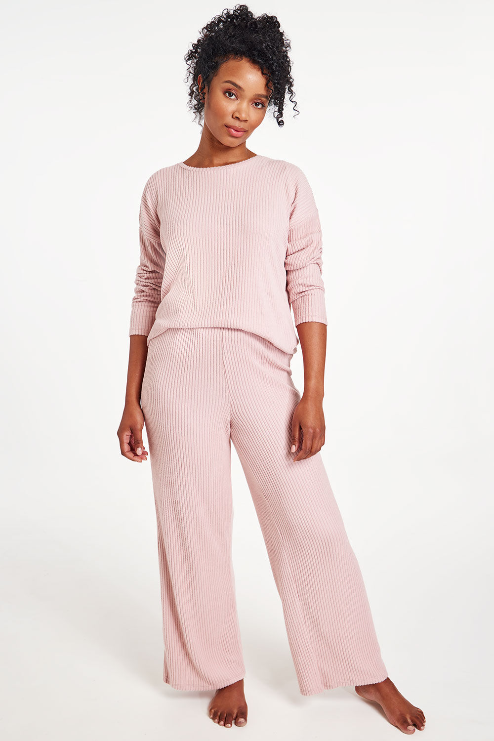 Bonmarche Pink Long Sleeve Ribbed Pyjama Set With Tie Waist Eyelet Detail, Size: 16-18