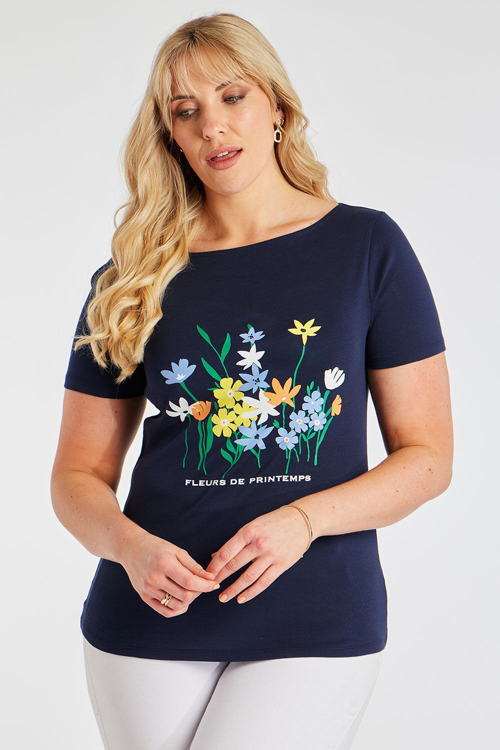 Bonmarche Navy Short Sleeve Flower Market Print Boat Neck T-Shirt, Size: 18