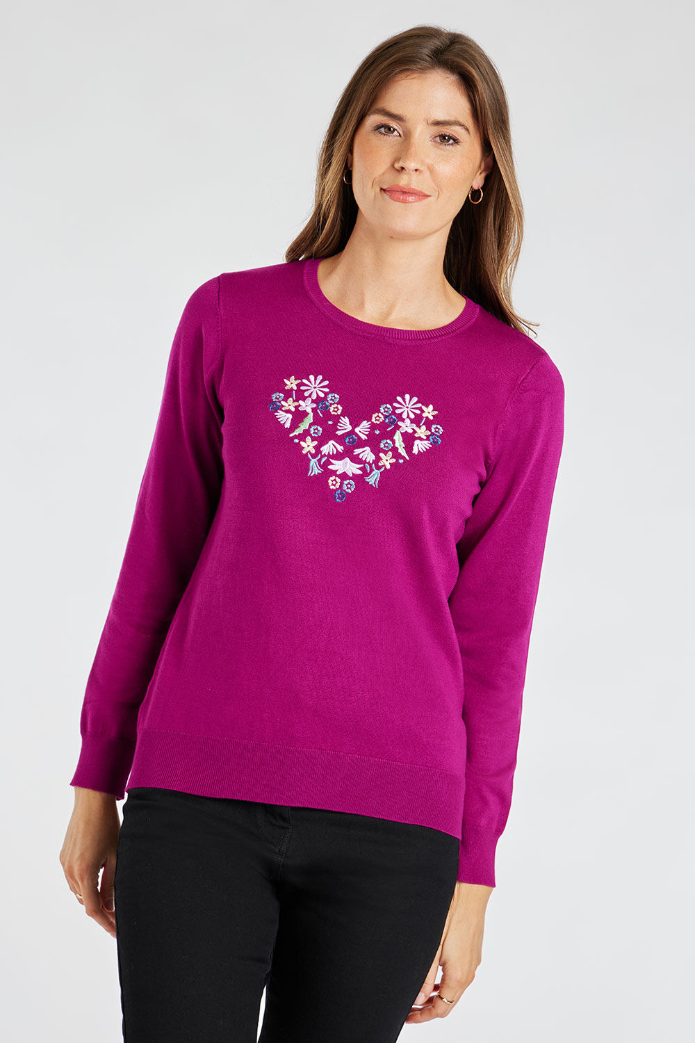 Bonmarche Magenta Long Sleeve Heart Embroidered Jumper, Size: 10