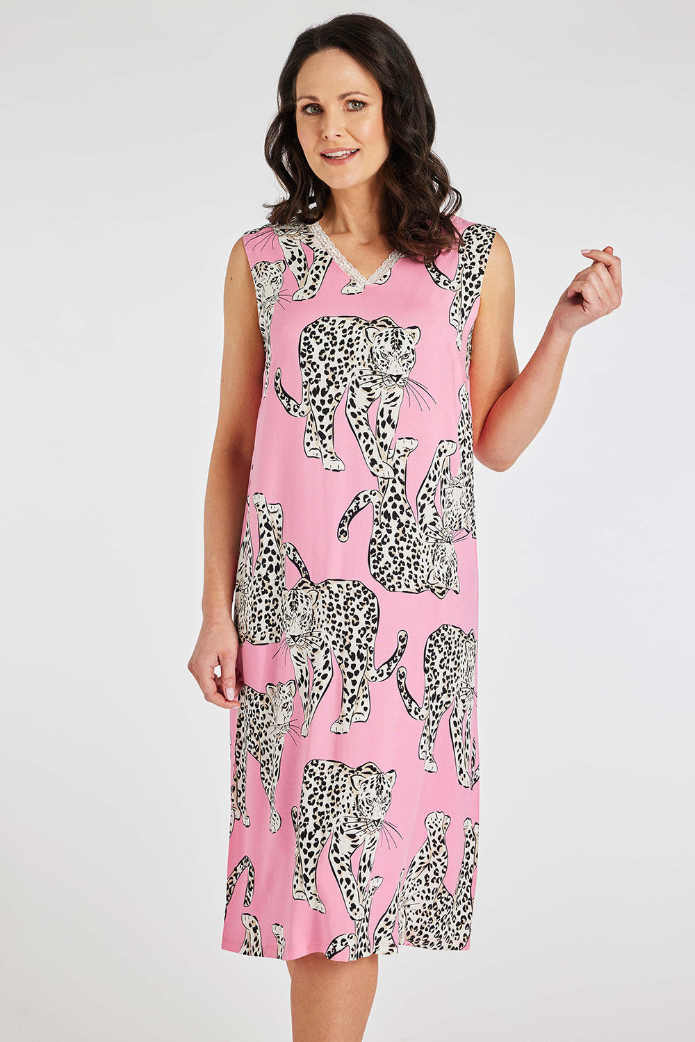 Bonmarche Pale Pink All Over Leopard Design Nightdress With Lace Detail, Size: 08-10