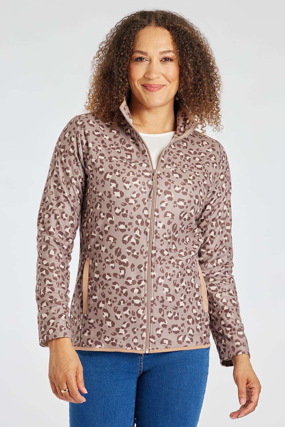 Bonmarche Taupe Long Sleeve Leopard Print Fleece Zip Through Jacket, Size: 16
