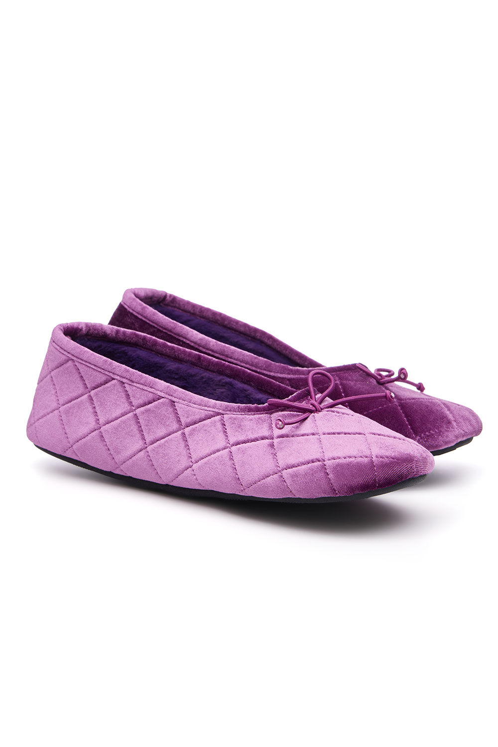 Bonmarche Magenta Velvet Faux Fur Lined Slippers With Bow Detail, Size: 3