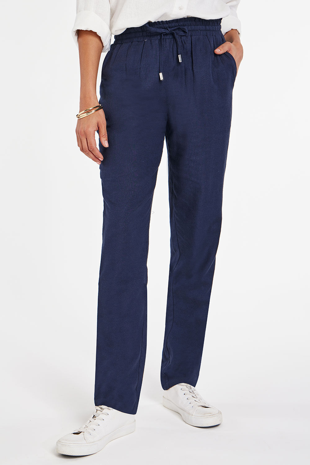 Bonmarche Navy Paperbag Tie Waist Tapered Linen Trousers, Size: 10 - Summer Trousers