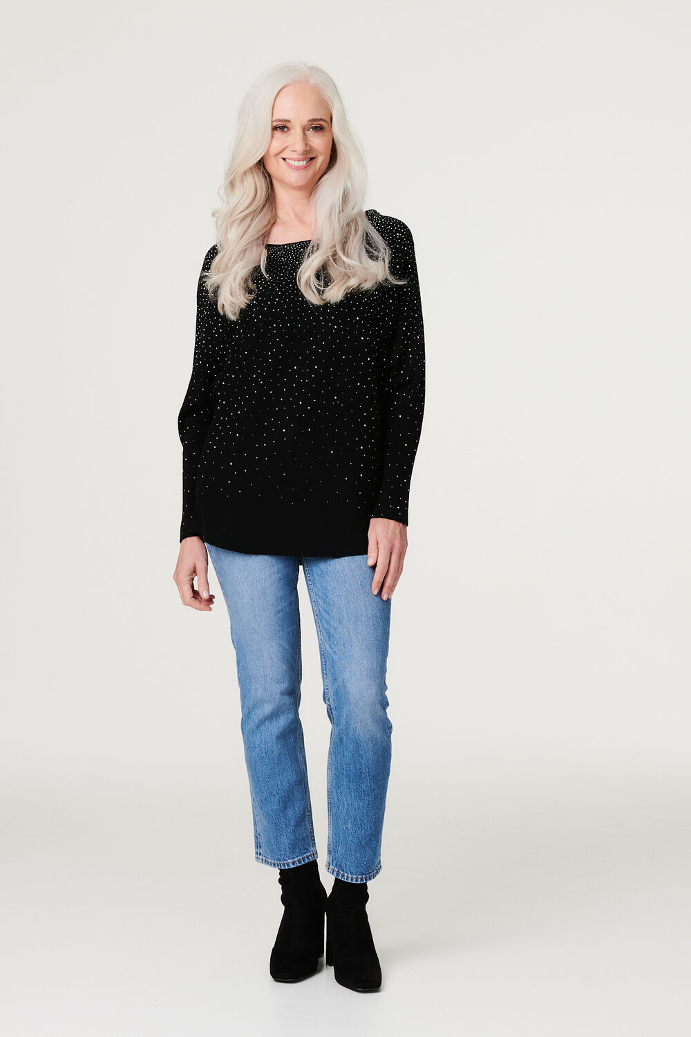 Izabel London Black - Embellished Long Sleeve Knit Top, Size: L