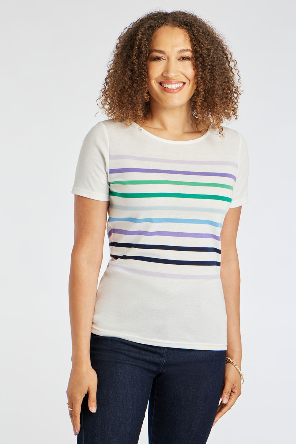 Bonmarche Ivory Short Sleeve Striped T-Shirt, Size: 16