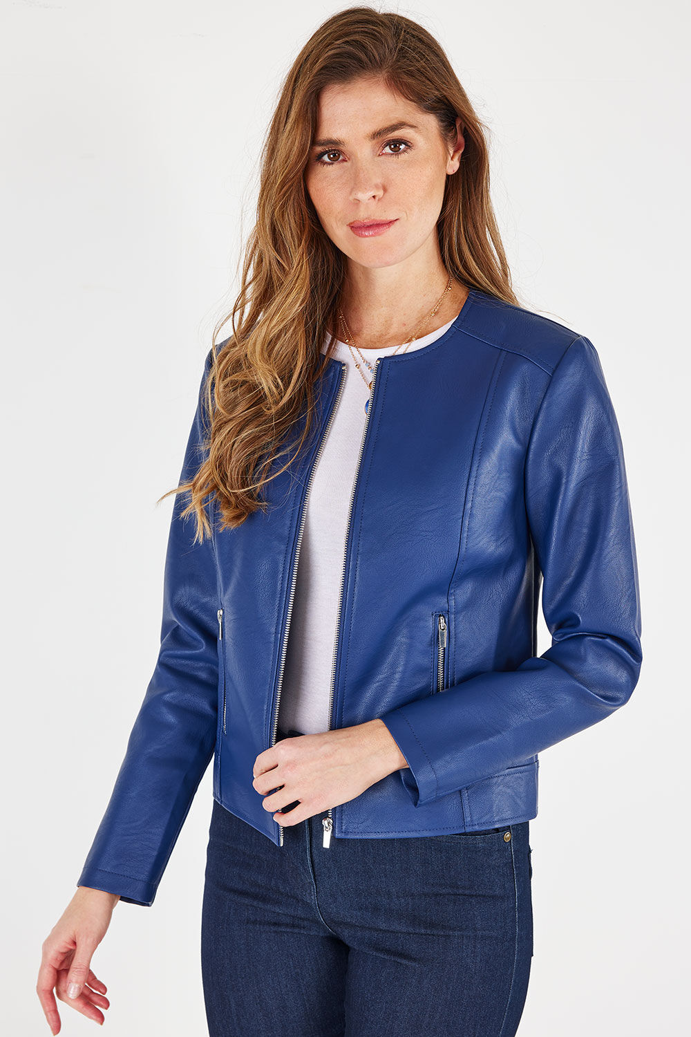 Bonmarche Navy Faux Leather Collarless Jacket, Size: 18
