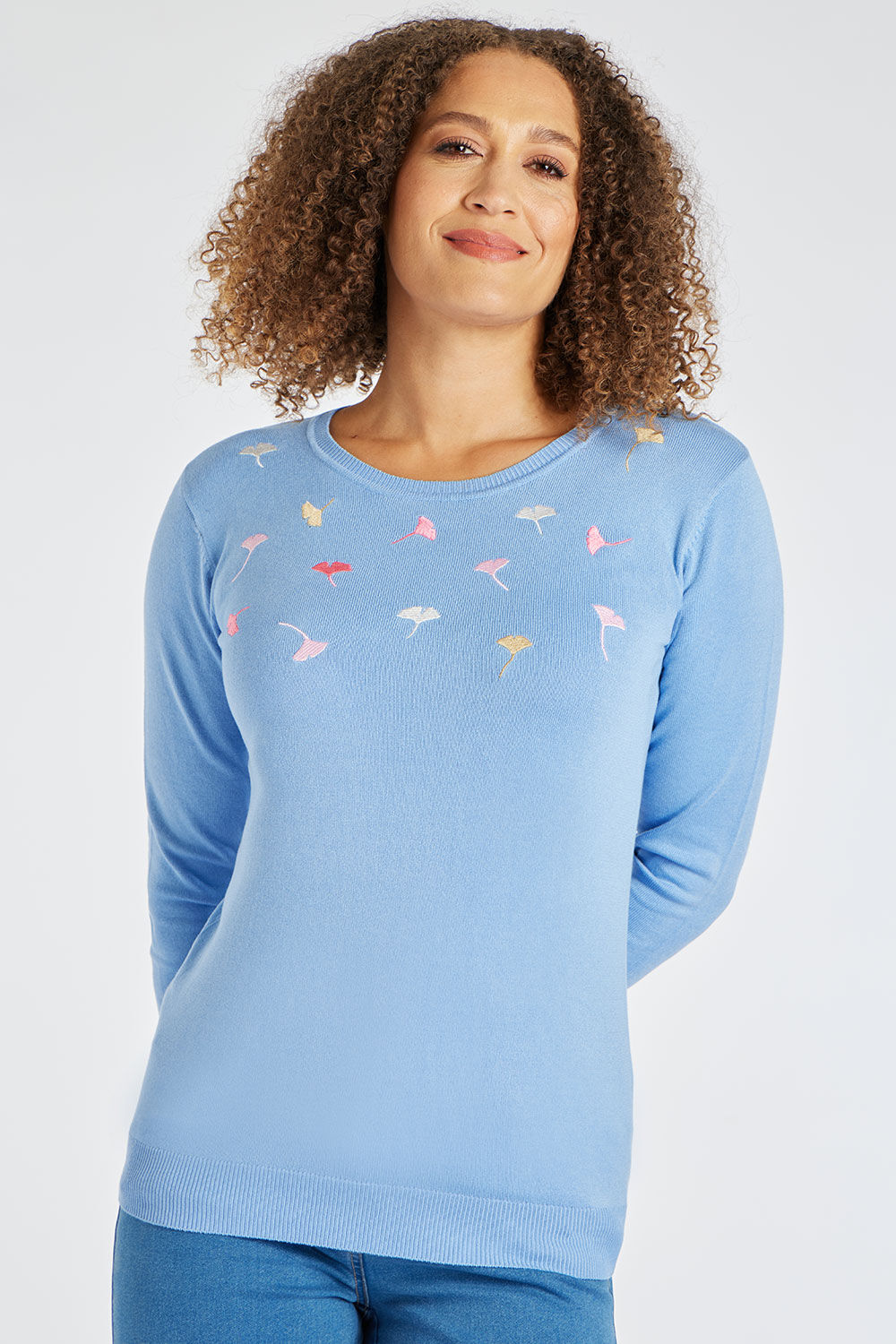 bonmarche pale blue embroidered design jumper, size: 10
