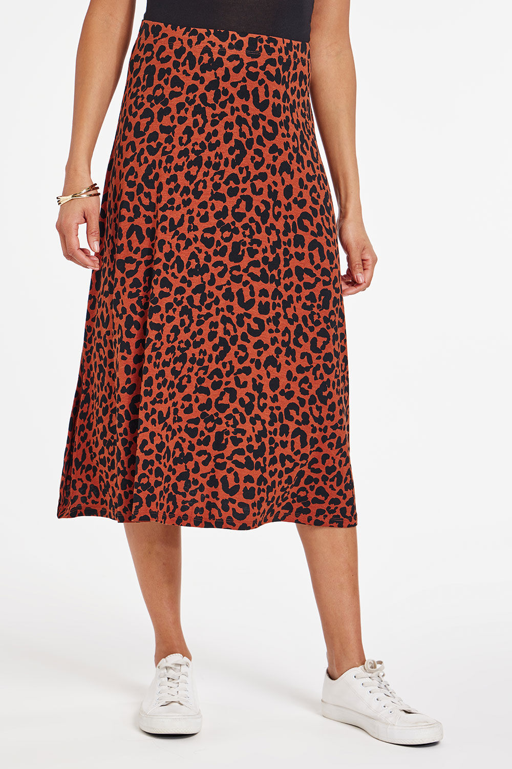Bonmarche Brown Animal Print Flippy Jersey Elasticated Skirt, Size: 10