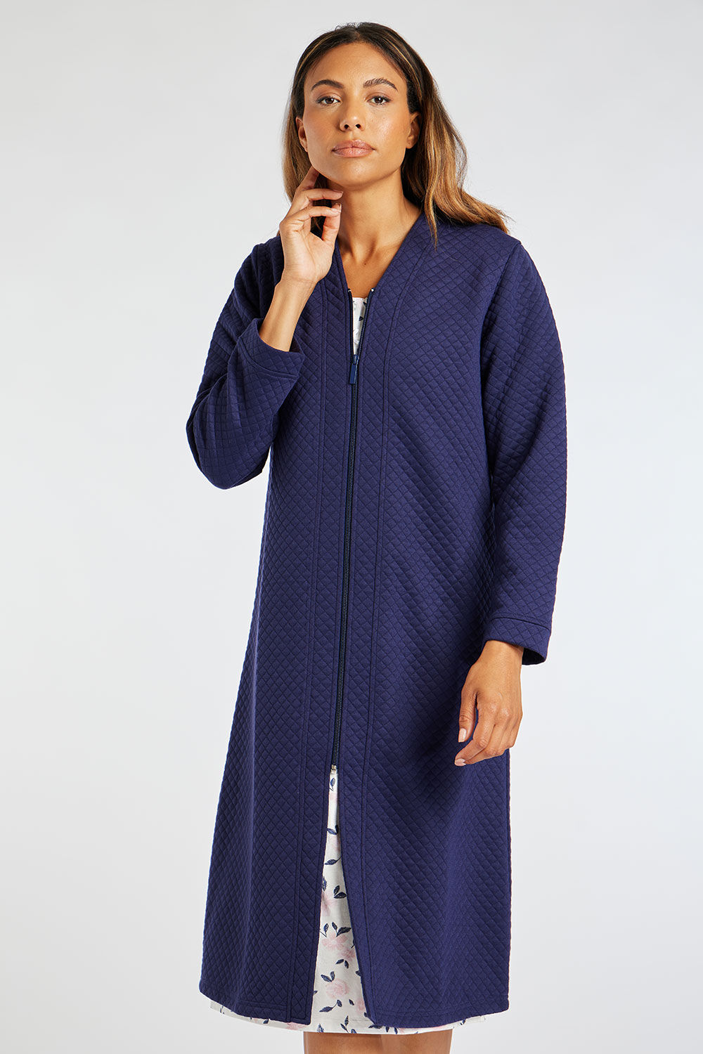 Bonmarche Navy Diamond Quilted Robe With Zip Through Fastening, Size: 20-22