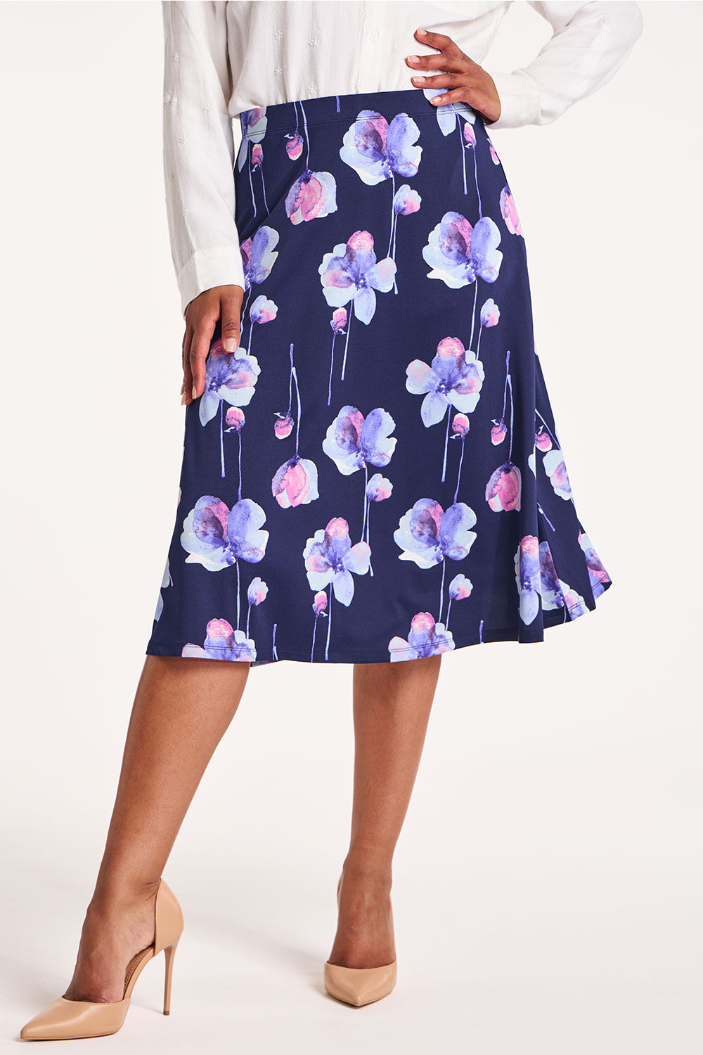 Bonmarche Navy Watercolour Floral Print Flippy Skirt, Size: 26
