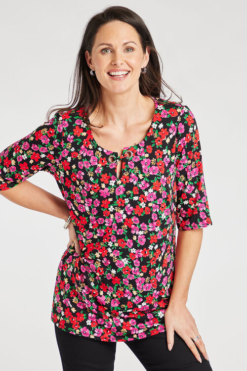 Short Sleeve Ditsy Print Tunic with Eyelet Detail | Bonmarché