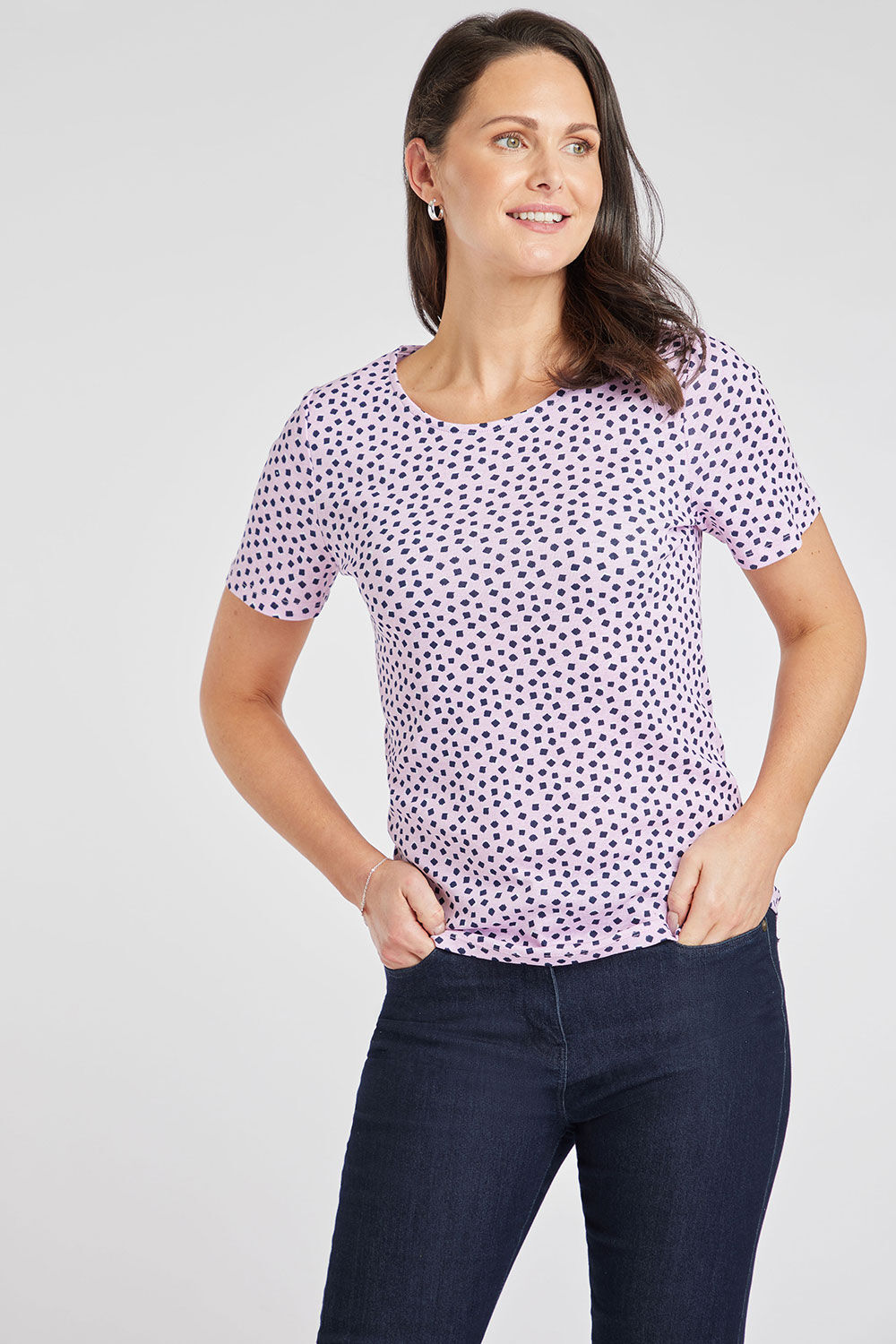 Bonmarche Pink/Navy Short Sleeve Square Dot Print Scoop Neck Top, Size: 16